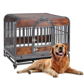 46in Heavy Duty Dog Crate, Furniture Style Dog Crate with Removable Trays and Wheels for High Anxiety Dogs